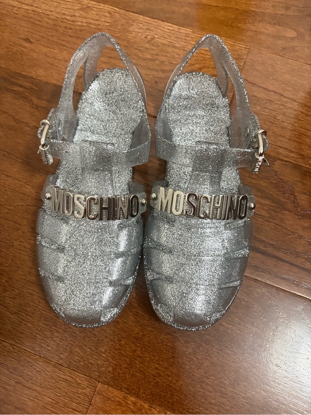 Moschino Silver Glitter Jelly Logo Sandals